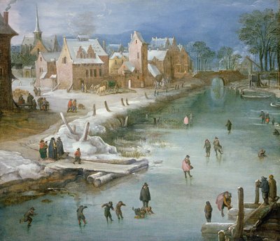 Schlittschuhläufer auf einem zugefrorenen Fluss neben einer Stadt von Joos or Josse de Momper